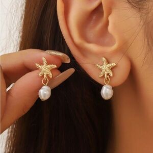 Gold Starfish Pearl Earrings